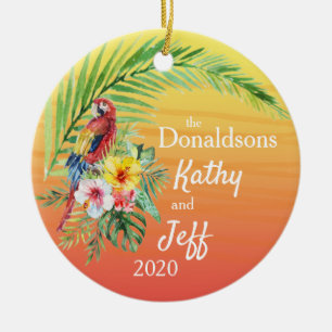 Red Tropical Parrot Palm Leaf Flowers noemt foto Keramisch Ornament