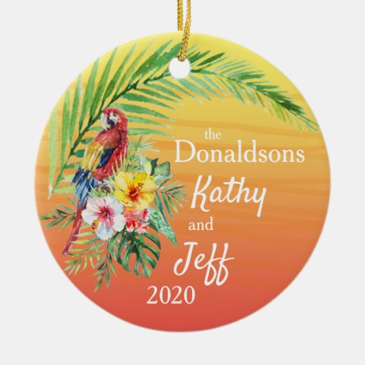 Red Tropical Parrot Palm Leaf Flowers noemt foto Keramisch Ornament (Voorkant)