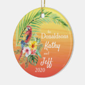 Red Tropical Parrot Palm Leaf Flowers noemt foto Keramisch Ornament (Links)