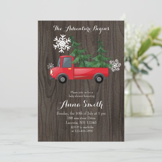 Red Truck Adventure Rustic Baby shower Invitation Kaart (Staand voorkant)