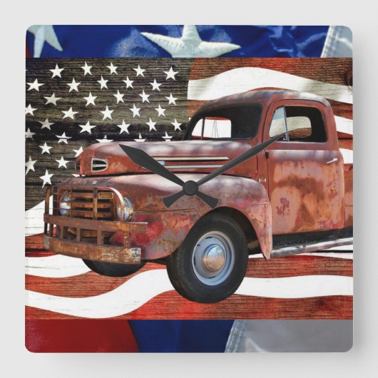  Red Truck Amerikaanse vlag Vierkante Klok (Voorkant)