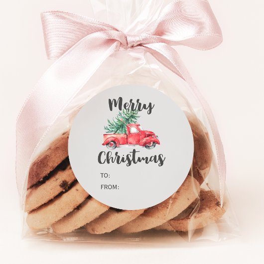 Red Truck and Tree kerstcadeaunaam Ronde Sticker