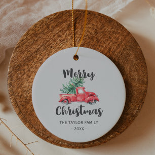 Red Truck and Tree Merry kerstfeestdag Keramisch Ornament