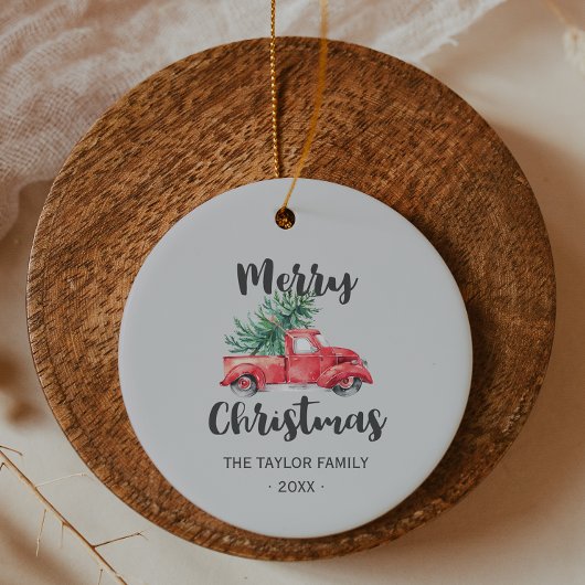 Red Truck and Tree Merry kerstfeestdag Keramisch Ornament