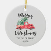 Red Truck and Tree Merry kerstfeestdag Keramisch Ornament (Voorkant)