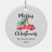 Red Truck and Tree Merry kerstfeestdag Keramisch Ornament (Achterkant)