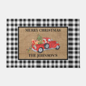 Red Truck Black & White Check Burlap Kerstmis Deurmat (Voorkant)