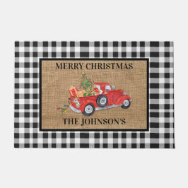 Red Truck Black & White Check Burlap Kerstmis Deurmat