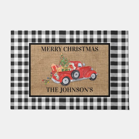 Red Truck Black & White Check Burlap Kerstmis Deurmat (Voorkant)