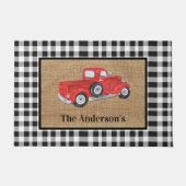 Red Truck Black & White Check Burlap Monogram Deurmat (Voorkant)