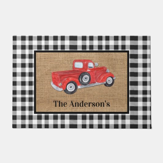 Red Truck Black & White Check Burlap Monogram Deurmat (Voorkant)