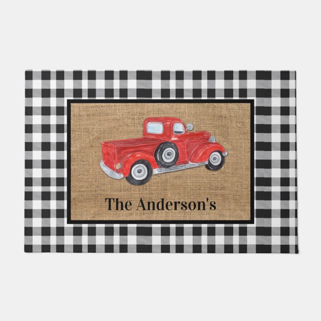 Red Truck Black & White Check Burlap Monogram Deurmat (Voorkant)