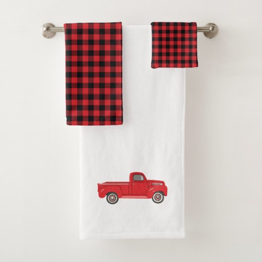 Red Truck Buffalo Check Pattern Bath Towel Set Bad Handdoek (Insitu)