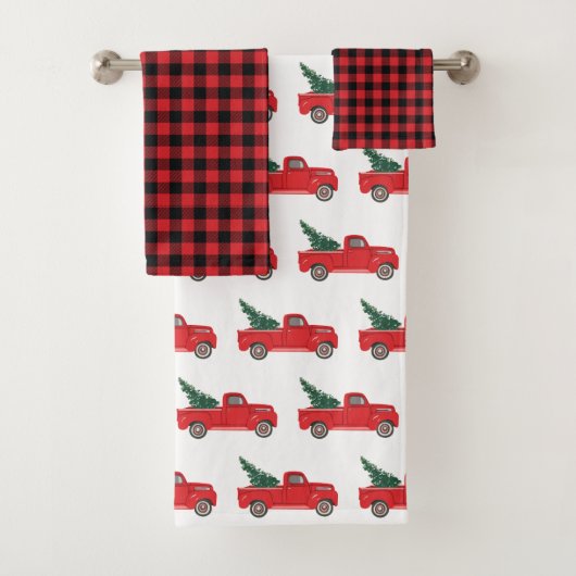 Red Truck Buffalo Check Pattern Bath Towel Set Bad Handdoek (Insitu)