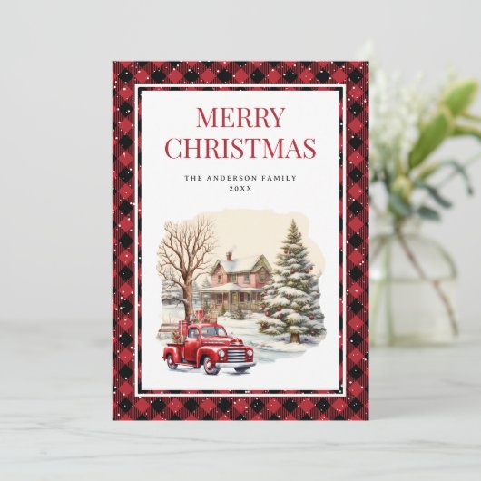 Red Truck Buffalo Pset Merry kerst Feestdagenkaart (Staand voorkant)