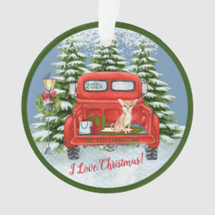 Red Truck Chihuahua Snow Familienaam   Ornament