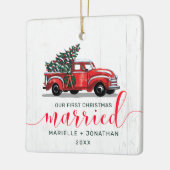  Red Truck Eerste Kerstfeest Gehuwd met Rustisch Keramisch Ornament (Links)