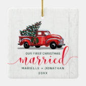  Red Truck Eerste Kerstfeest Gehuwd met Rustisch Keramisch Ornament (Achterkant)