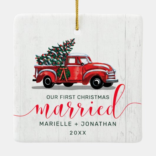  Red Truck Eerste Kerstfeest Gehuwd met Rustisch Keramisch Ornament (Achterkant)