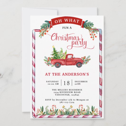 Red  Truck en Greenery Kerstparty Kaart (Voorkant)