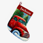  Red Truck en kerstbomen kletsen sneeuw Grote Kerstsok (Voorkant (Hangend))