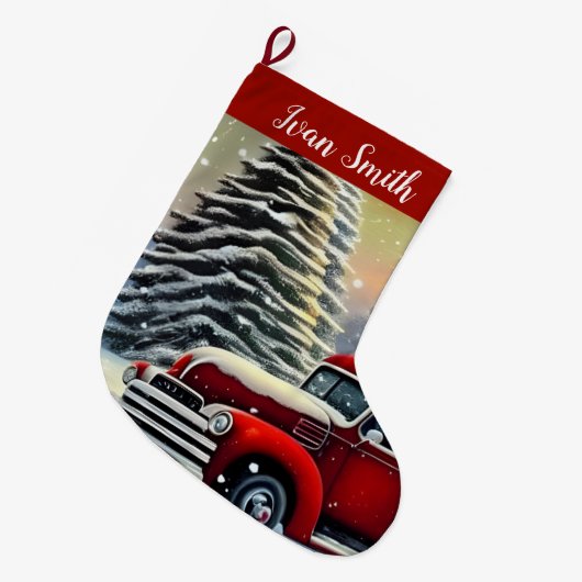  Red Truck en kerstbomen kletsen sneeuw Grote Kerstsok (Voorkant (Hangend))