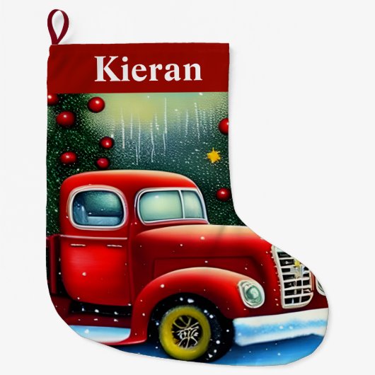  Red Truck en kerstbomen kletsen sneeuw Grote Kerstsok (Voorkant)