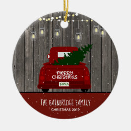 Red Truck en Mason Jar Lights Familienaam Holiday Keramisch Ornament