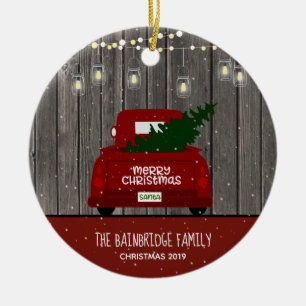 Red Truck en Mason Jar Lights Familienaam Holiday Keramisch Ornament