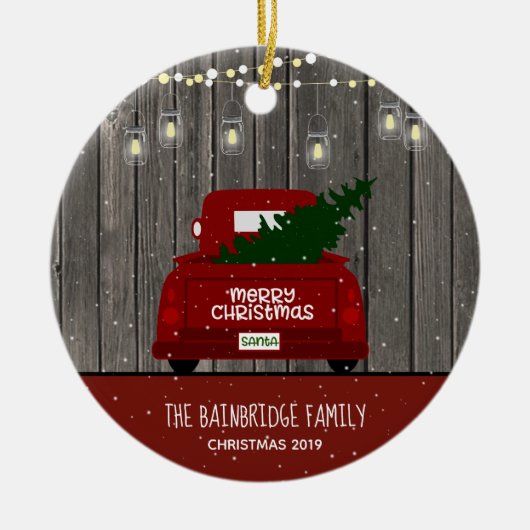 Red Truck en Mason Jar Lights Familienaam Holiday Keramisch Ornament (Voorkant)