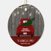 Red Truck en Mason Jar Lights Familienaam Holiday Keramisch Ornament (Links)