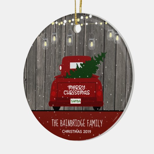 Red Truck en Mason Jar Lights Familienaam Holiday Keramisch Ornament (Links)