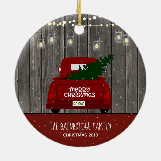 Red Truck en Mason Jar Lights Familienaam Holiday Keramisch Ornament (Achterkant)