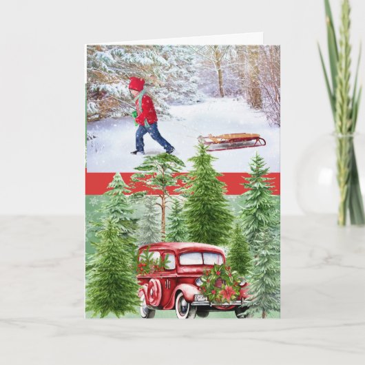  Red Truck en Pine Forest Feestdagen Kaart (Voorkant)