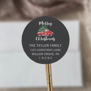 Red Truck en Tree   Grijs kerstretouradres Ronde Sticker