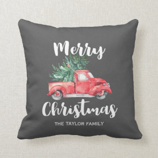 Red Truck en Tree | Grijze kerst Kussen