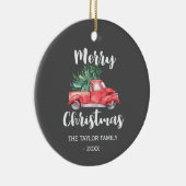 Red Truck en Tree | Grijze kerstavond Keramisch Ornament (Rechts)
