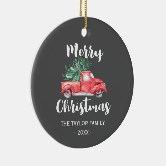 Red Truck en Tree | Grijze kerstavond Keramisch Ornament (Rechts)
