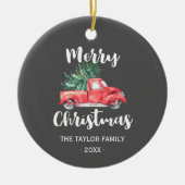 Red Truck en Tree | Grijze kerstavond Keramisch Ornament (Voorkant)