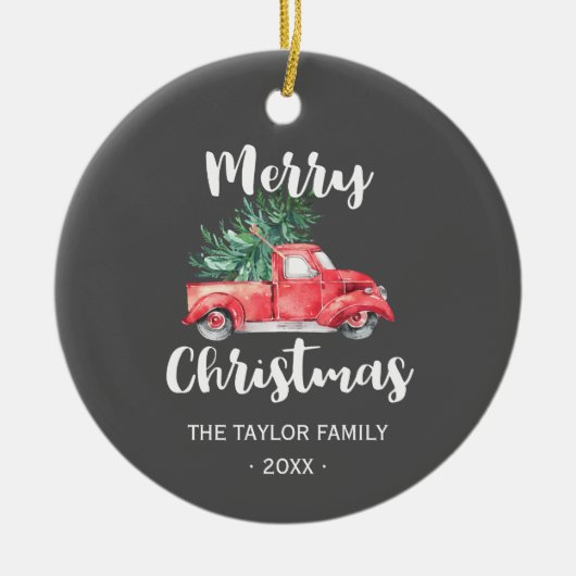 Red Truck en Tree | Grijze kerstavond Keramisch Ornament (Voorkant)