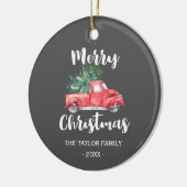 Red Truck en Tree | Grijze kerstavond Keramisch Ornament (Links)