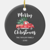 Red Truck en Tree | Grijze kerstavond Keramisch Ornament (Achterkant)