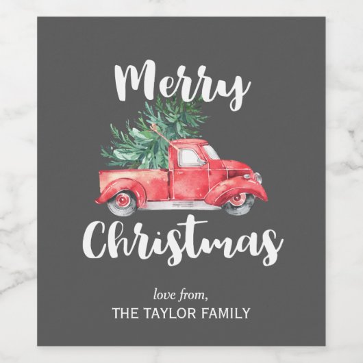 Red Truck en Tree | Grijze kerstcadeau Wijn Etiket (Enkel label)