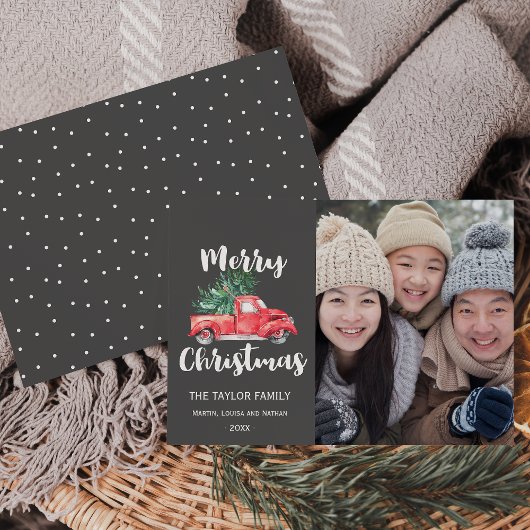 Red Truck en Tree | Grijze kerstfoto Feestdagenkaart