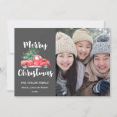 Red Truck en Tree | Grijze kerstfoto Feestdagenkaart (Voorkant)