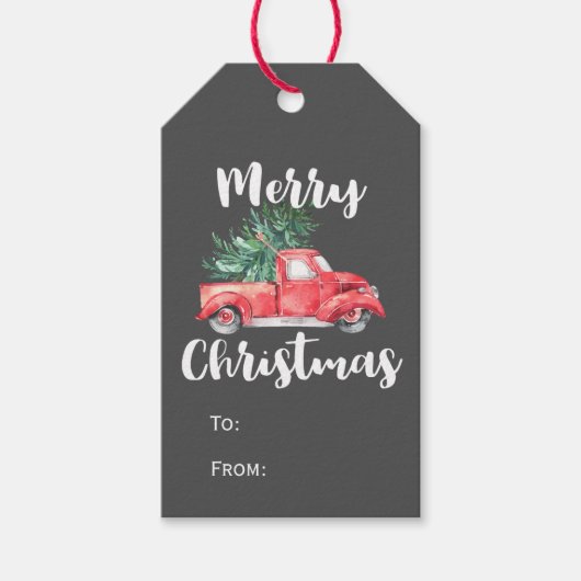 Red Truck en Tree | Grijze kerstnaam Cadeaulabel (Voorkant)