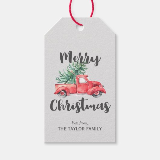 Red Truck en Tree Kerstmis Cadeaulabel (Voorkant)