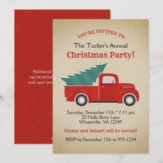  Red Truck en Tree Kerstparty Kaart (Voorkant / Achterkant)