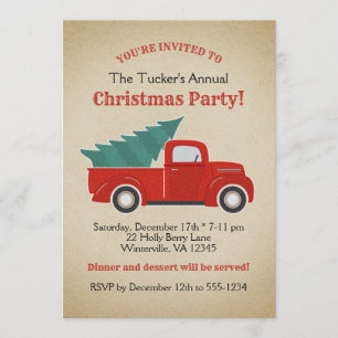 Red Truck en Tree Kerstparty Kaart