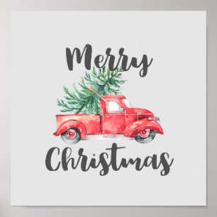Red Truck en Tree Merry Kerstmis Poster